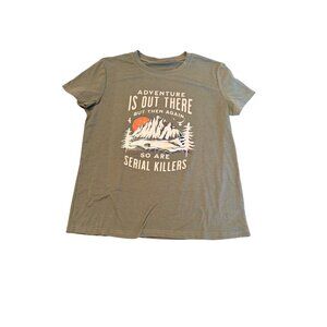 Adventure Graphic Tee Olive Green Polyester Casual Crewneck Short Sleeve M